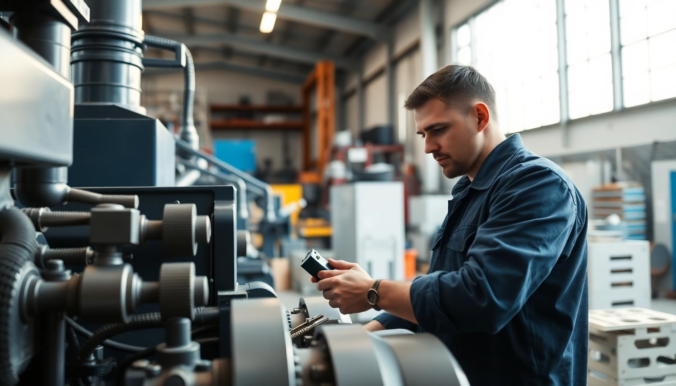 Technician performing precise equipment service maintenance in a clean workshop.