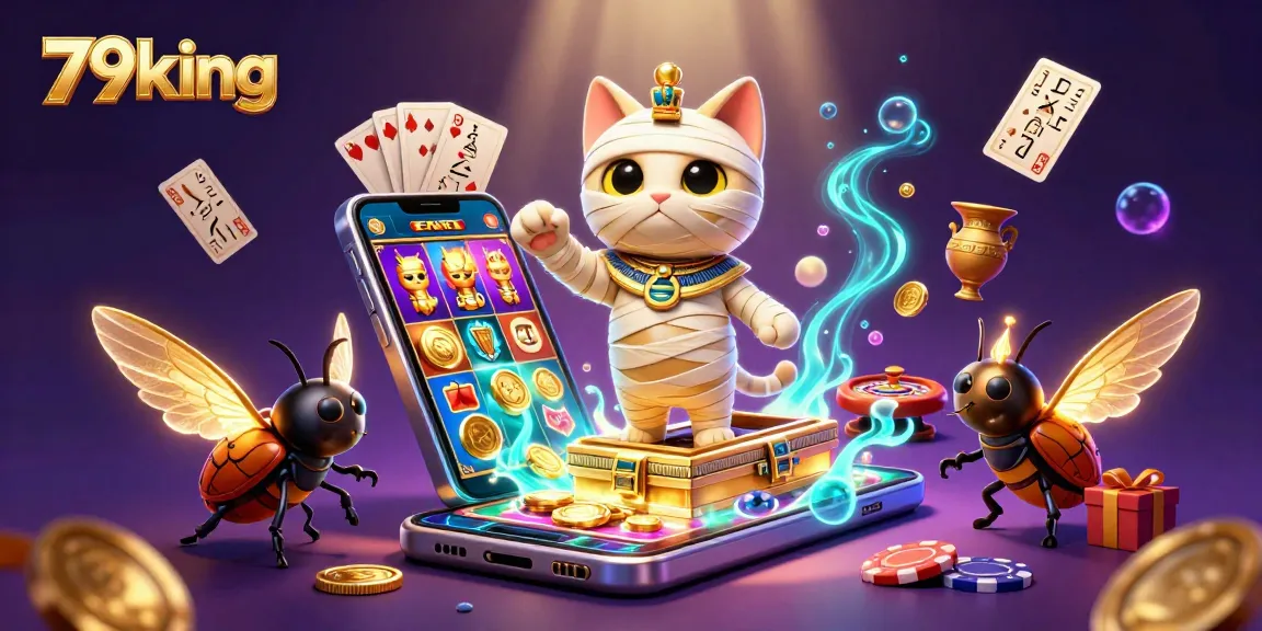 Experience the thrill of 79king's vibrant casino scene with our mummy cat and golden scarab illustration.