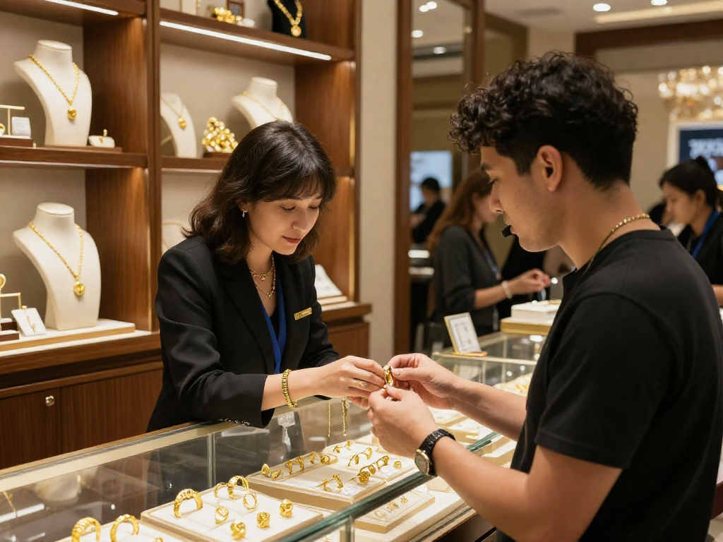 Customer exploring mantra88 gold jewelry options, highlighting 24K elegance in a premium store.