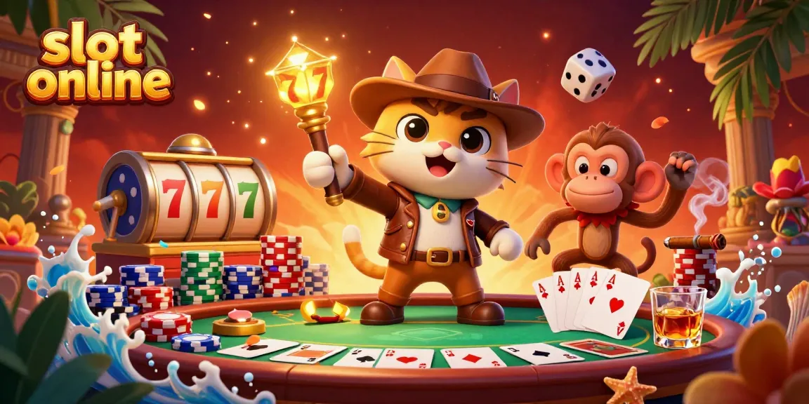 Play slot online with an adventurous explorer cat discovering a golden artifact amidst vibrant casino elements.