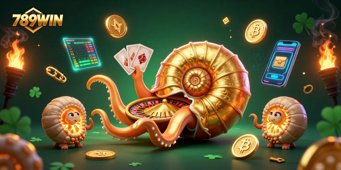 Engage with 789WIN's vibrant gaming universe, featuring a giant nautilus roulette wheel and glowing crypto elements.