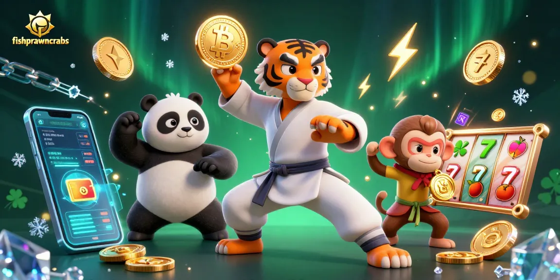 Experience excitement at fishprawncrabs with a kung fu tiger, panda, and monkey amid slot reels and crypto coins