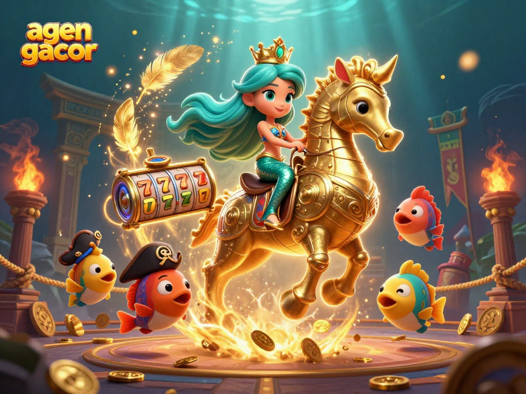 Spin the reels with the agence gacor, featuring a mermaid princess on a seahorse amidst vibrant casino elements.