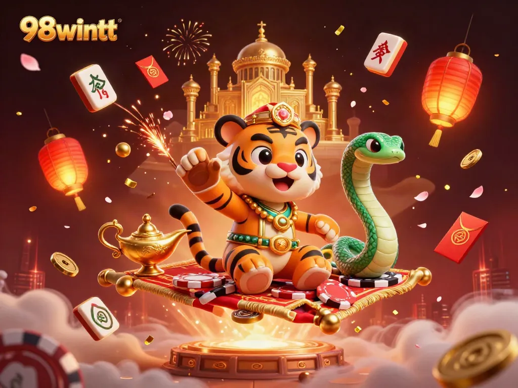Join the excitement at 98wintt with thrilling gambling experiences illustrated by a vibrant 3D scene.