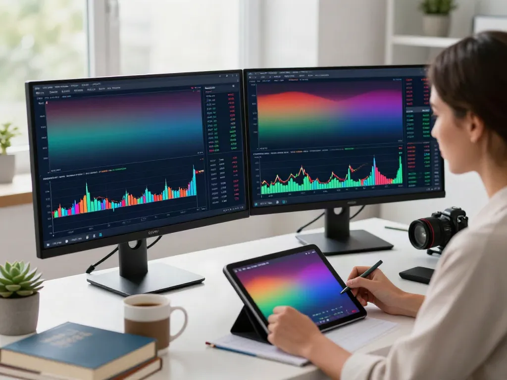 Focused trader analyzing TradingView charts in a modern office.