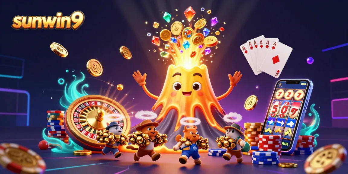 Exciting gameplay at sunwin9 with a golden volcano erupting coins and jewels in a vibrant casino scene.