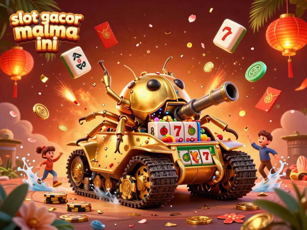 Experience slot gacor malma ini in this lively 3D illustration depicting a golden beetle tank casino with vibrant gaming elements.