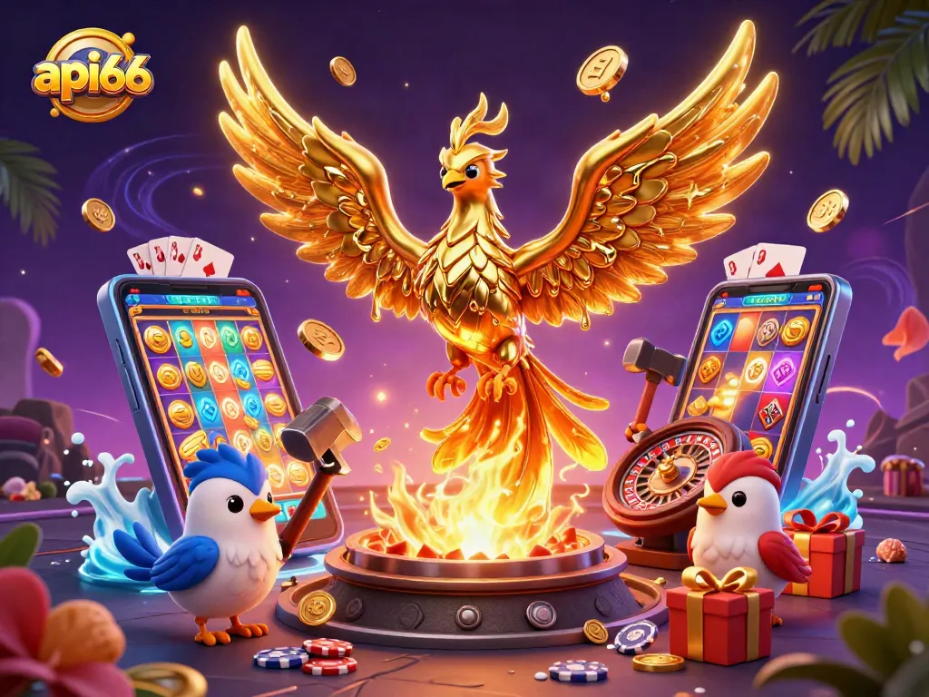 Experience the excitement of api66 with a golden phoenix and vibrant gaming elements in a dynamic casino scene.