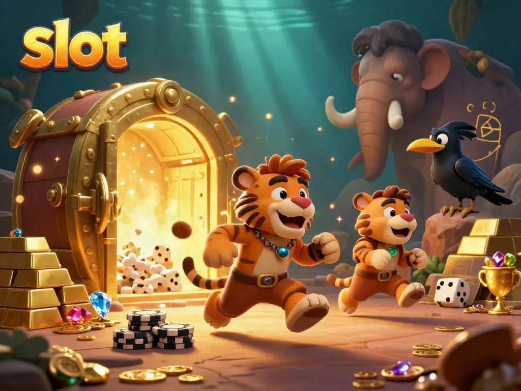 Experience thrilling gameplay in a slot gaming scene featuring colorful characters and treasures.