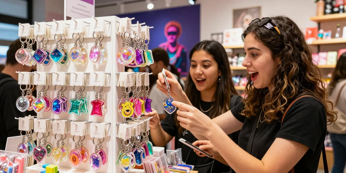 Custom Acrylic Diamond Keychains displayed in a vibrant shop, enhancing personal style.