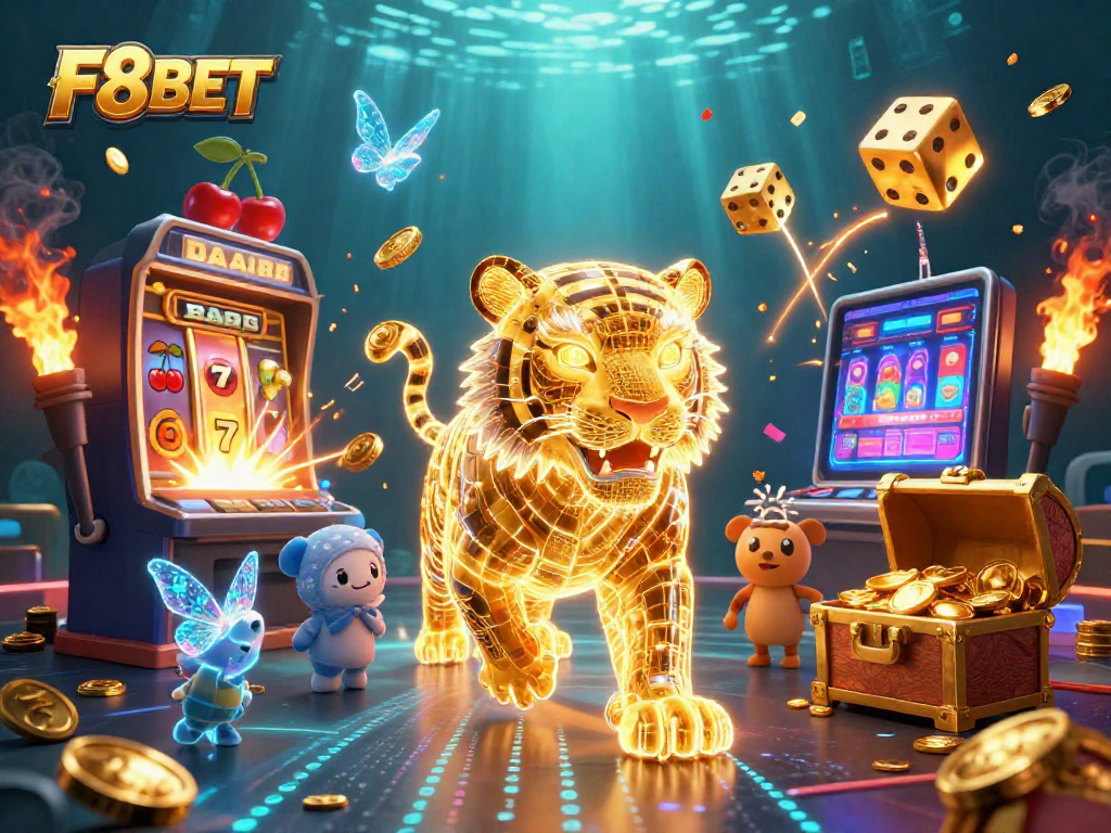 Experience thrilling digital casino action with F8BET's vibrant jackpot scene featuring a neon golden tiger.