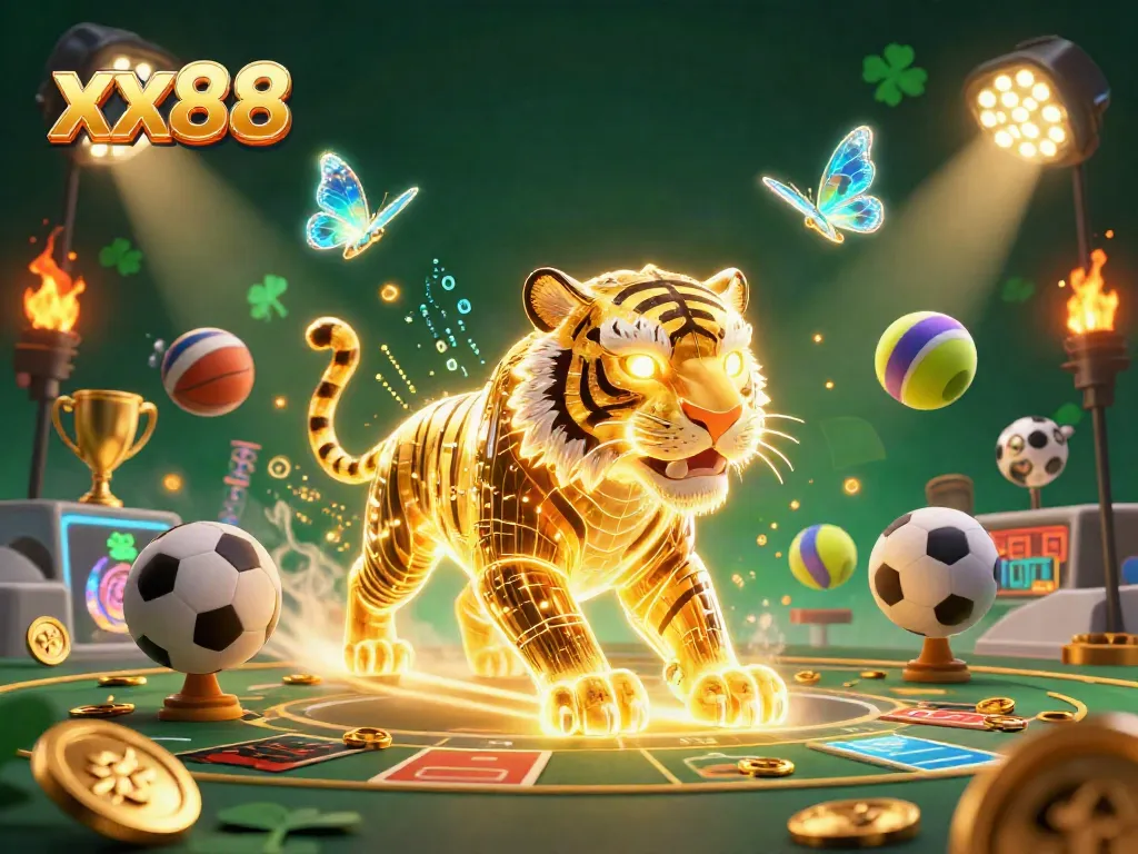 Experience the thrill of xx88 with a vibrant digital casino scene showcasing a golden tiger and sports elements.