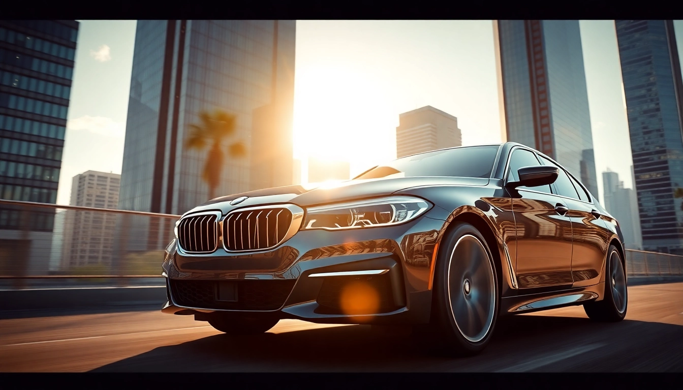 Admire a stunning Luxury BMW car parked against a modern cityscape backdrop.