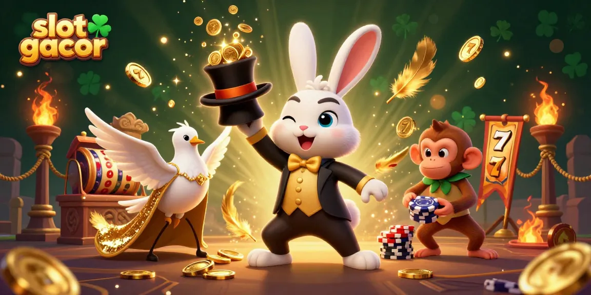 Engage in slot gacor excitement with a magician rabbit, glamorous dove, and mischievous monkey in a colorful casino scene.