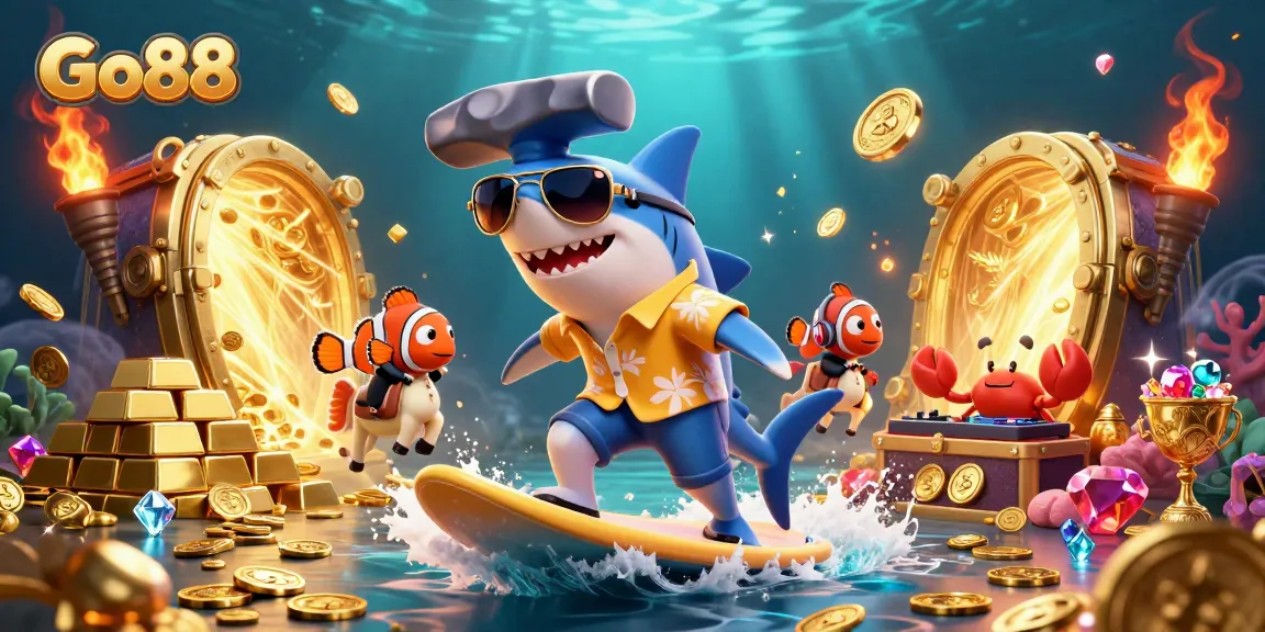 Experience thrilling gameplay at Go88 with a dynamic scene of a shark, clownfish, and crab enjoying golden treasures