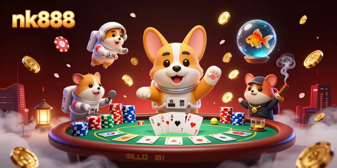 Engage with nk888 in a dynamic casino scene featuring a floating corgi, poker elements, and vibrant atmosphere.