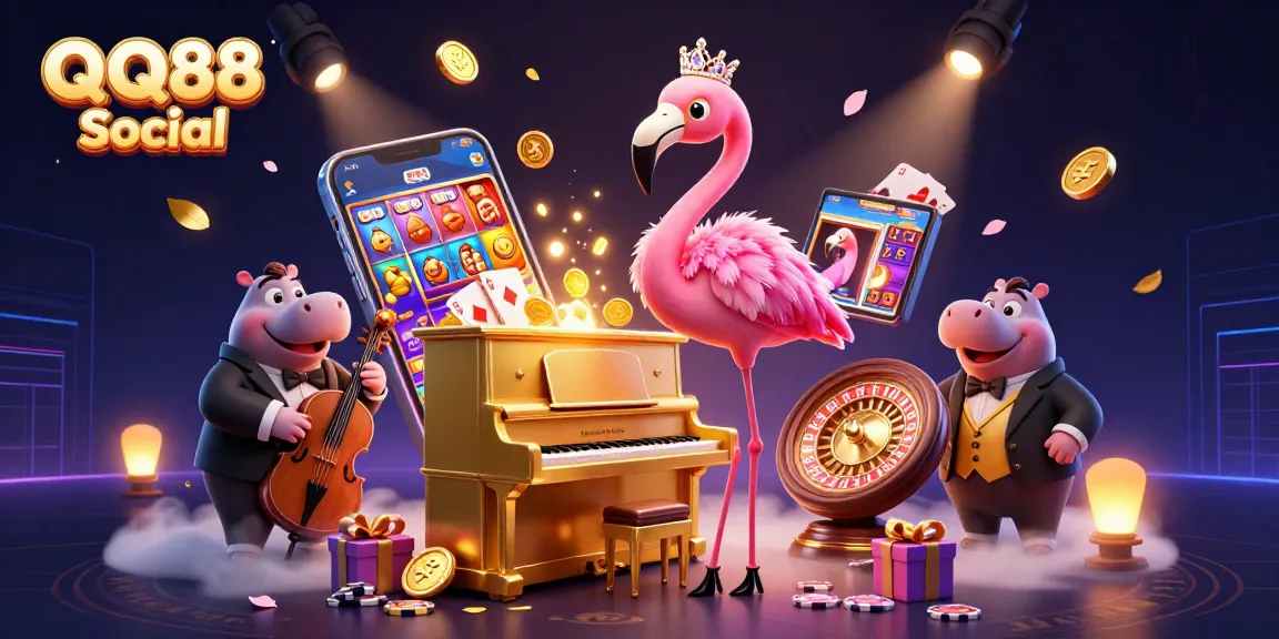 Experience the thrilling QQ88 Social casino atmosphere with vibrant characters and dynamic gaming elements.