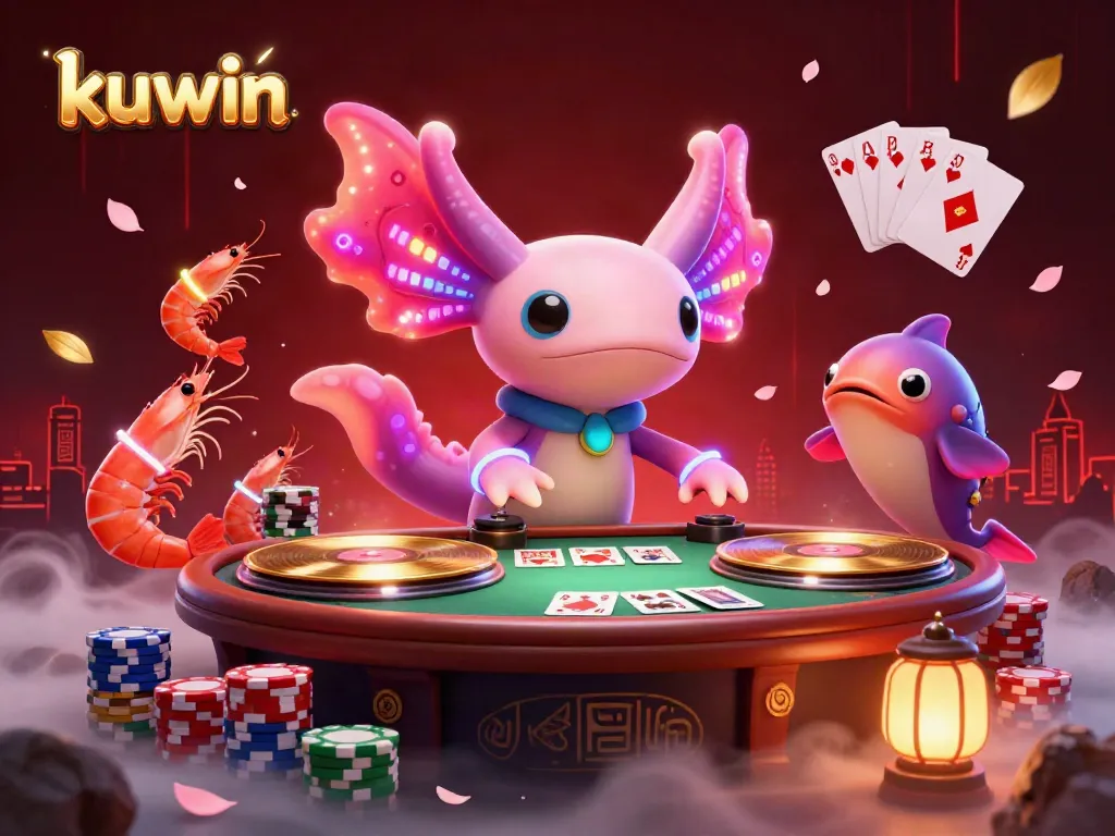Kuwin casino scene with a colorful axolotl DJ and vibrant poker elements creating an engaging gambling atmosphere.