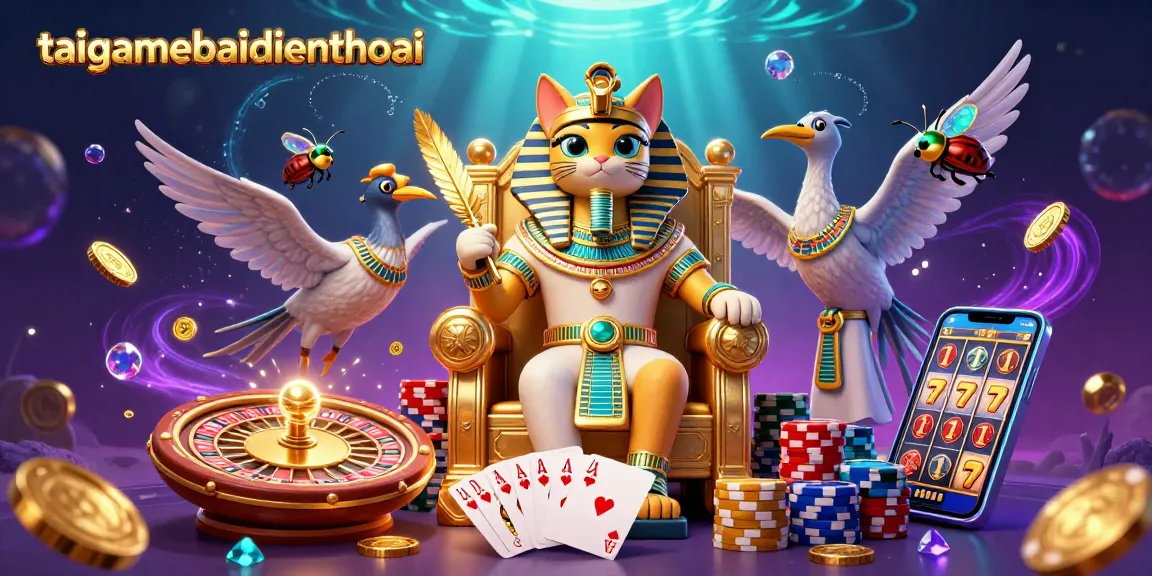 Engage in the magic of taigamebaidienthoai with a lively illustration showcasing an Egyptian theme featuring a pharaoh cat.