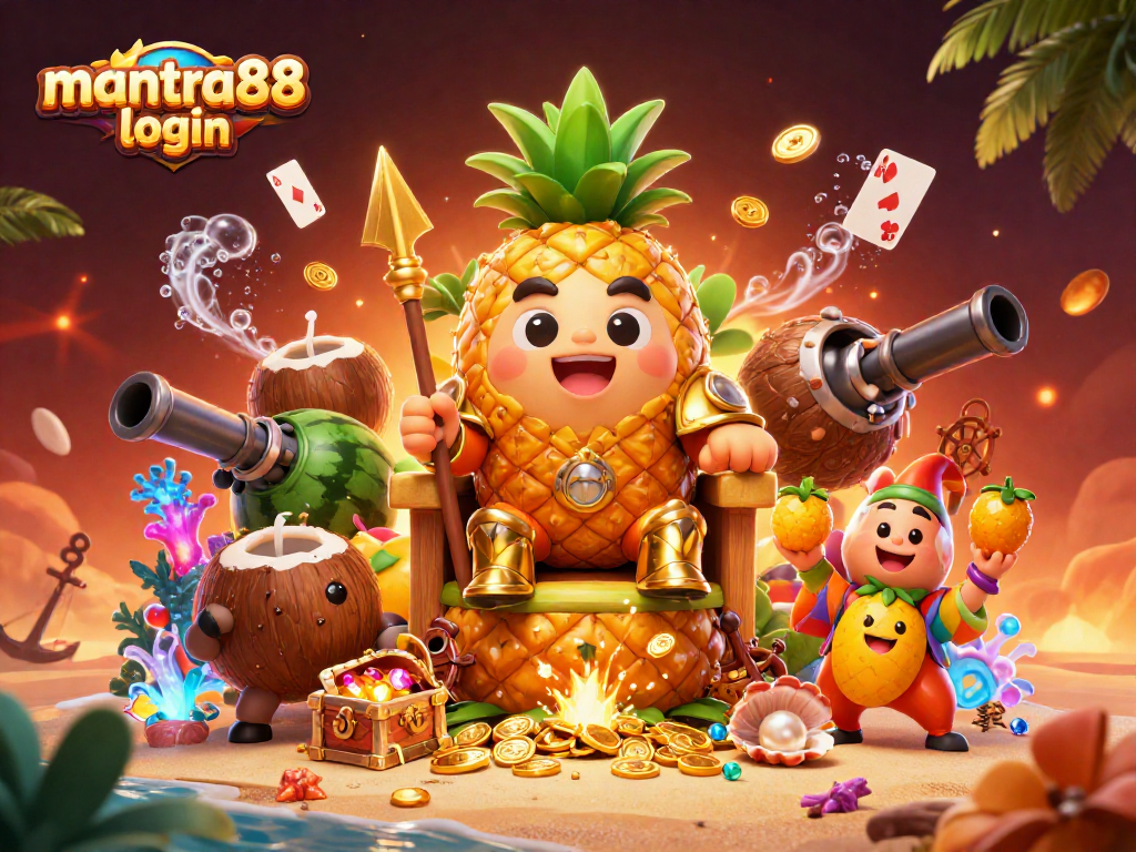 Join the fun at mantra88 login with a vibrant beach casino scene featuring lively characters and gaming elements.