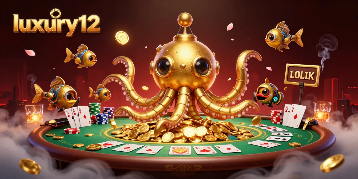 Permainan slot luxury12 dengan monster kraken kartun emas dan koin berkilau yang mengelilingi meja poker.