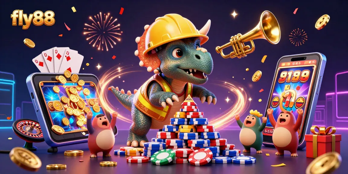 Win big with fly88 as triceratops builds poker chip pyramid celebrating a colorful casino adventure!