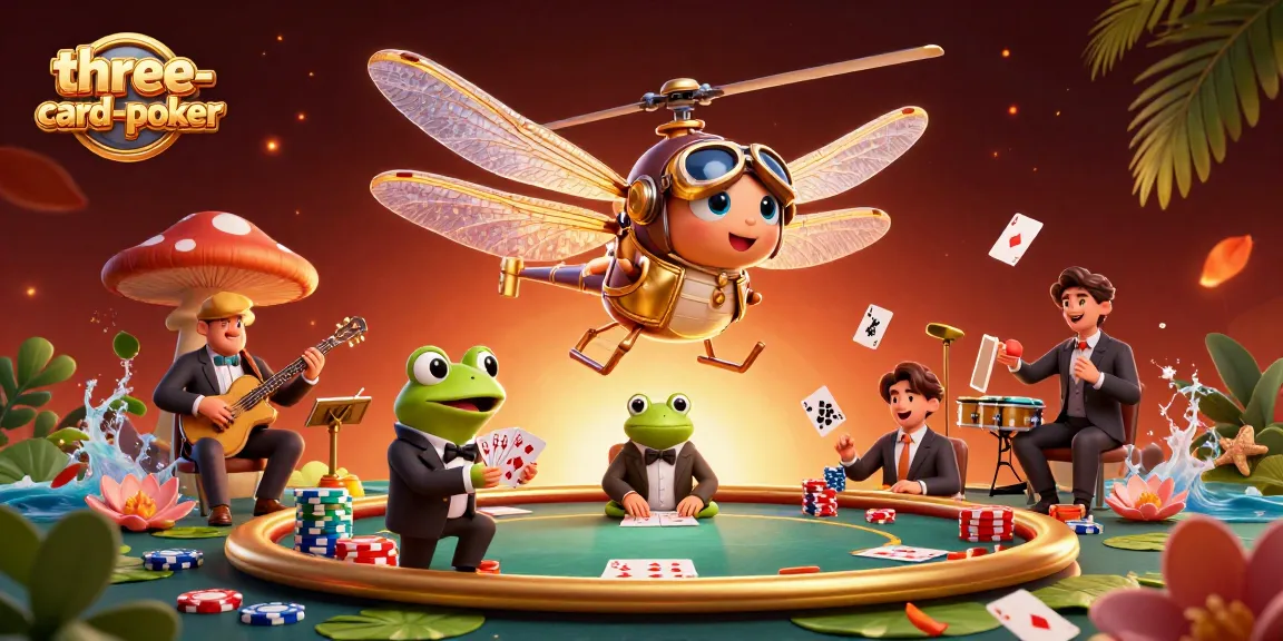 Engage in three-card-poker with a lively 3D casino scene featuring a dragonfly pilot, frog dealer, and jazz musicians.