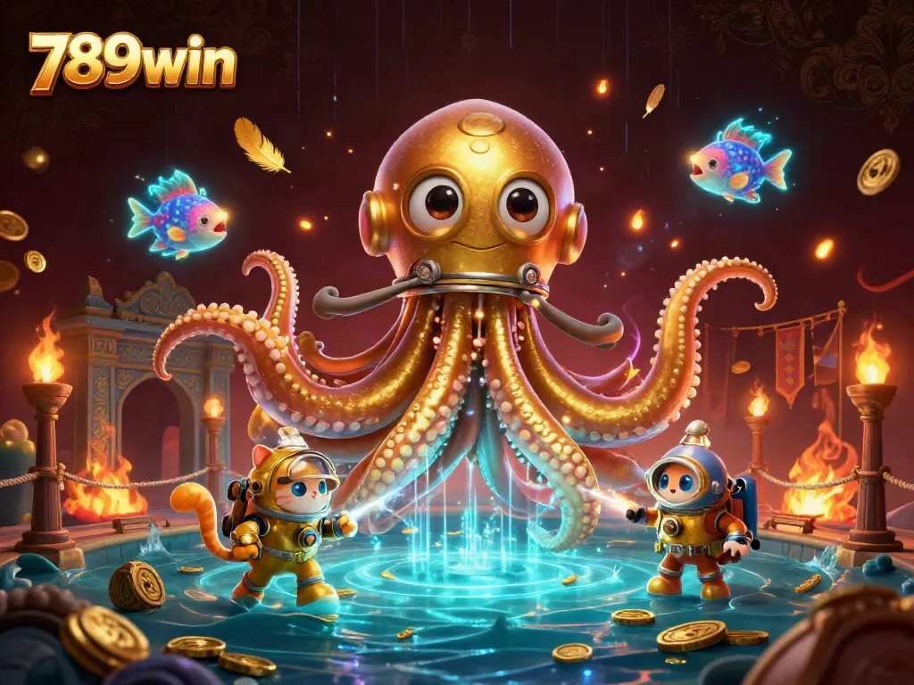 Experience epic gaming at 789win with kraken and diving cat in a treasure-filled scene.
