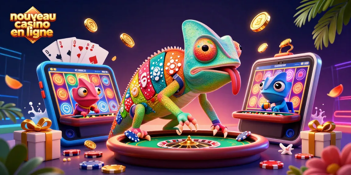 Découvrez le nouveau casino en ligne avec un caméléon propriétaire flamboyant entouré de jeux de casino.