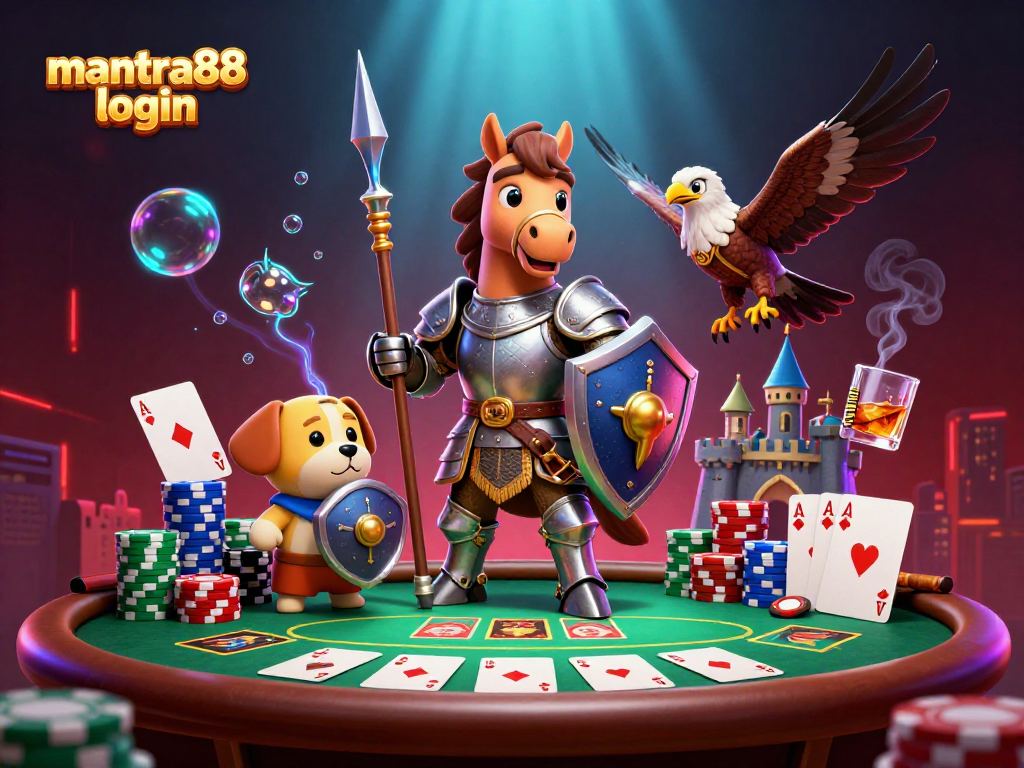 Experience the thrill of mantra88 login with a dynamic poker scene featuring a knight, a puppy, and a falcon.