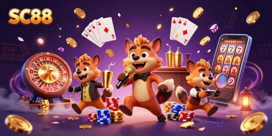 SC88 hyenas creating excitement in a vibrant casino scene with a stand-up comedy show.