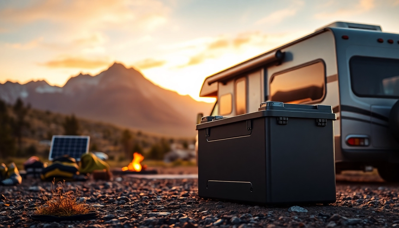 Showcasing lithium RV batteries powering an outdoor camping setup with an RV.