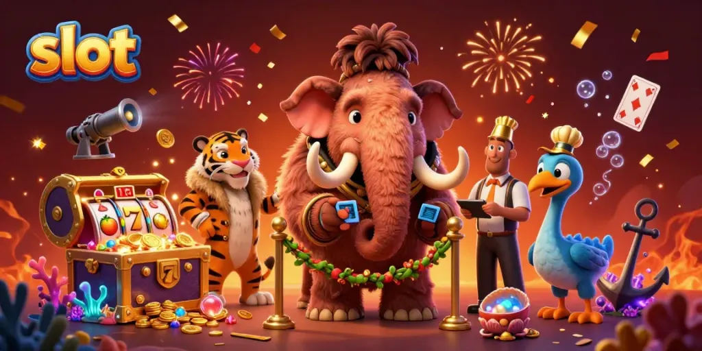 Slot mengundang pemain dengan karakter kasino animasi dan simbol keberuntungan yang berkilau.