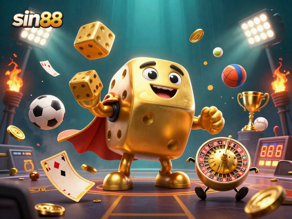 Win exciting games with sin88 featuring a 3D golden dice golem, sports elements, and vibrant lights.