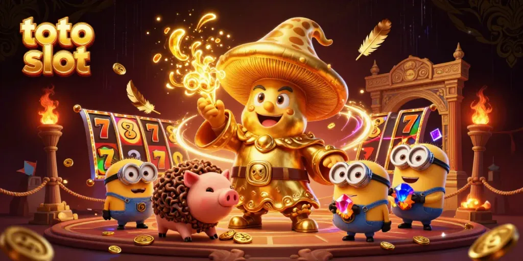Spin the tot slot reels with golden treasures and magical characters in a vibrant casino scene.