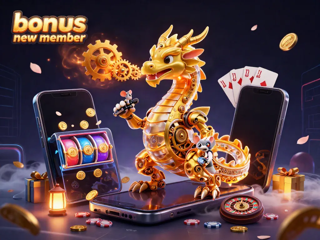 Engage in thrilling gameplay with our "bonus new member" offer featuring a golden dragon and rich casino elements.