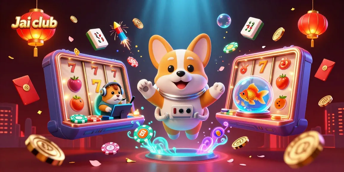 Engage with Jai club while enjoying vibrant casino visuals featuring floating characters and game elements.