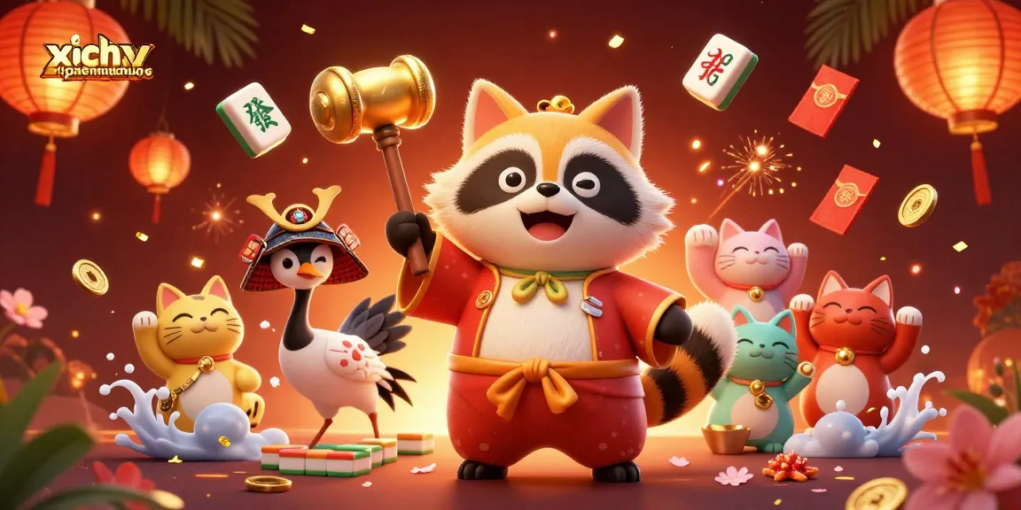 xiphematchuoc engages players with 3D mahjong tiles and fortune cats in a vibrant casino scene