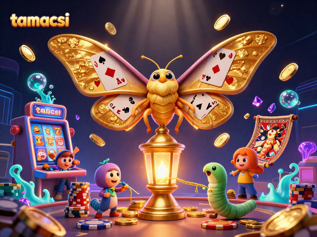 Experience exciting gameplay with tamacsi's vibrant casino scene featuring a golden atlas moth and slot machine elements.