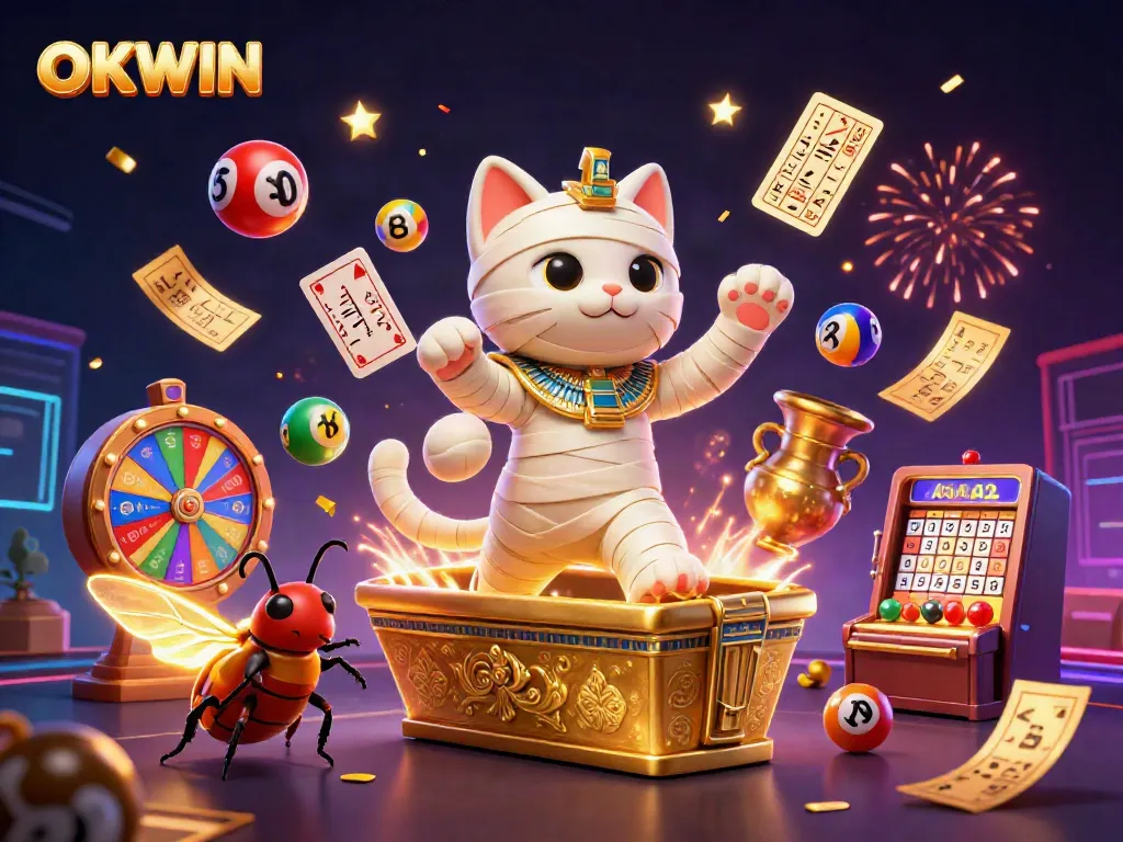 Engage with OKWIN as the Egyptian mummy cat bursts from a sarcophagus, surrounded by vibrant gambling elements.