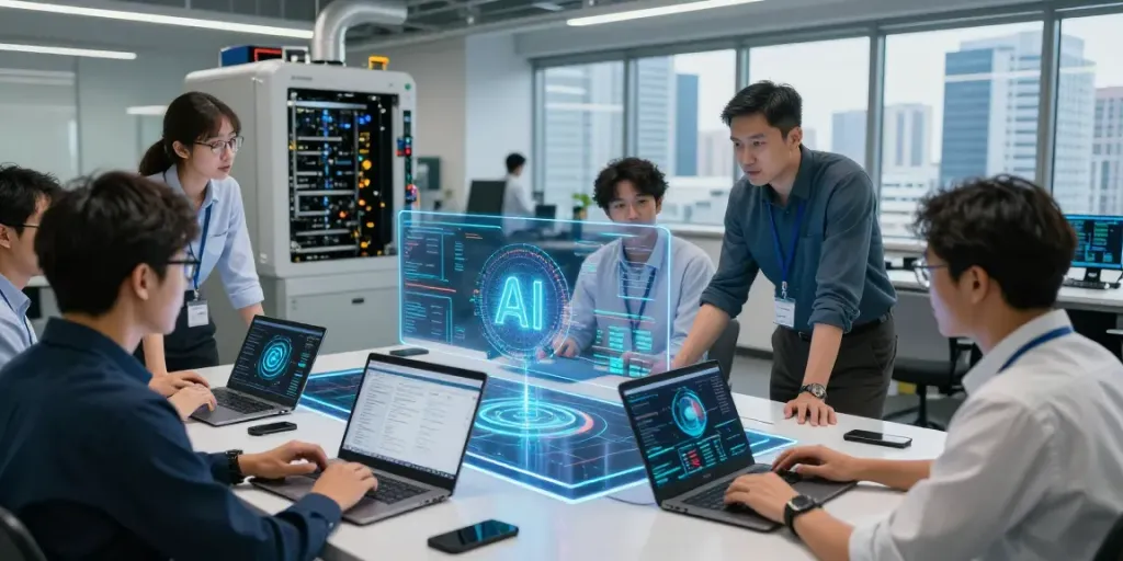 Engineers collaborating on AI inference strategies in a high-tech factory, surrounded by holographic data displays and advanced GPU equipment.
