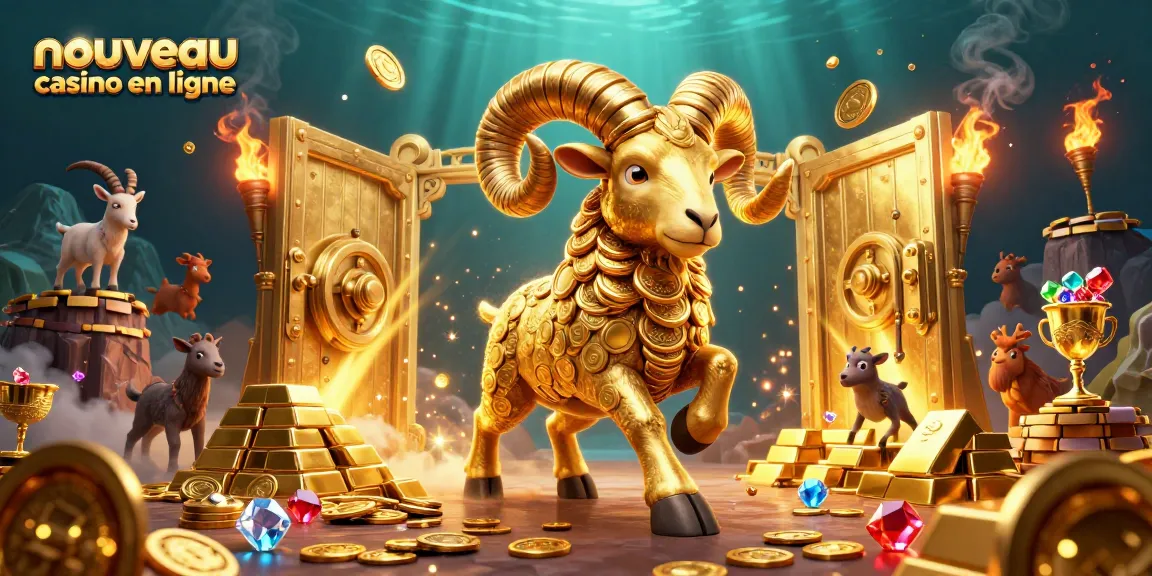 Illustration d'un nouveau casino en ligne avec un bélier doré chargé vers une porte en or, entouré de trésors étincelants.