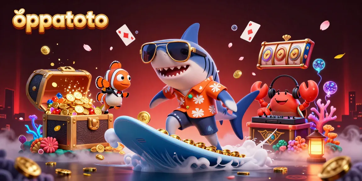 Join the fun with oppatoto as the hammer-head shark surfs on a gold coin wave in this vibrant casino scene.