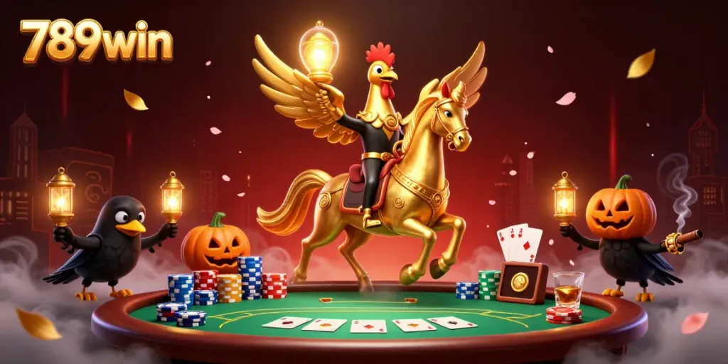 Experience the thrill of 789win with a golden rooster in a vibrant casino scene full of poker excitement.