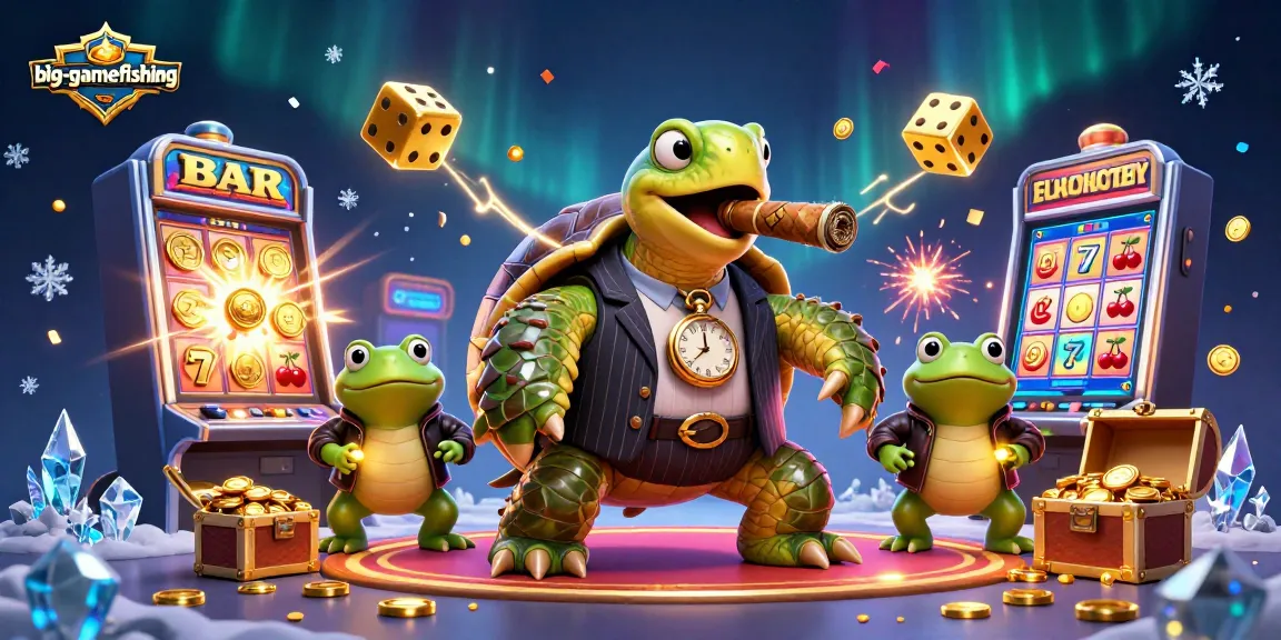 Big-gamefishing showcases a vibrant 3D scene of a turtle mobster and bullfrogs amidst a jackpot explosion.