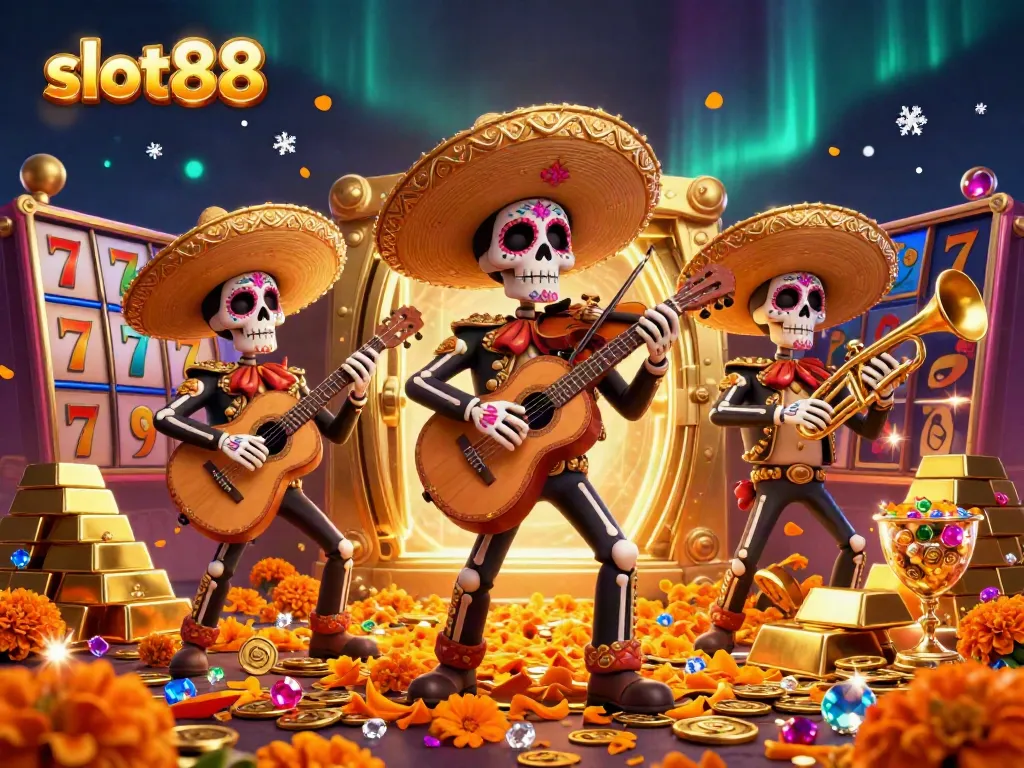 Spin to win with slot88 in a vibrant 3D mariachi-themed casino scene filled with gold and gems.