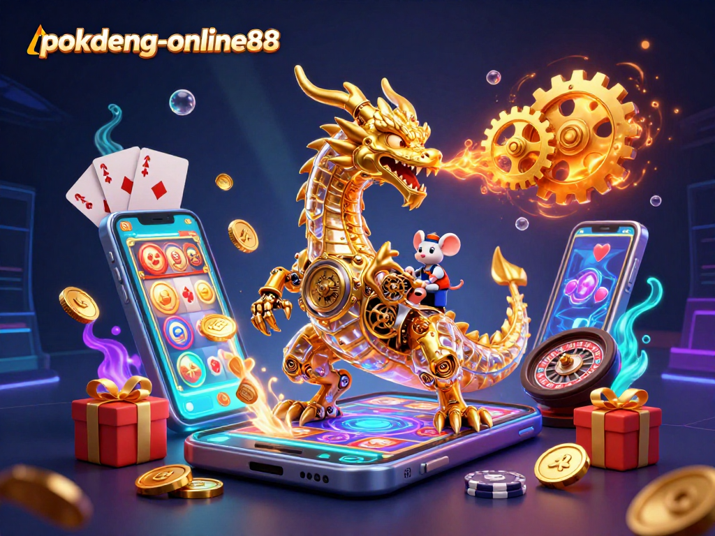 Experience thrilling gameplay with pokdeng-online88 featuring a vibrant dragon design and slot game elements.