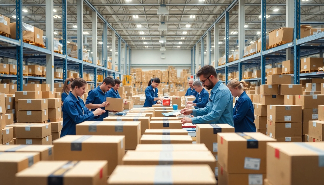 Kitting & Fulfillment Services with efficient assembly line workers in a bright warehouse setting.