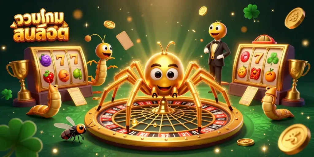 Experience the thrill of รวมเกมสล็อต in a vibrant and dynamic 3D digital illustration featuring a golden spider and slot symbols.