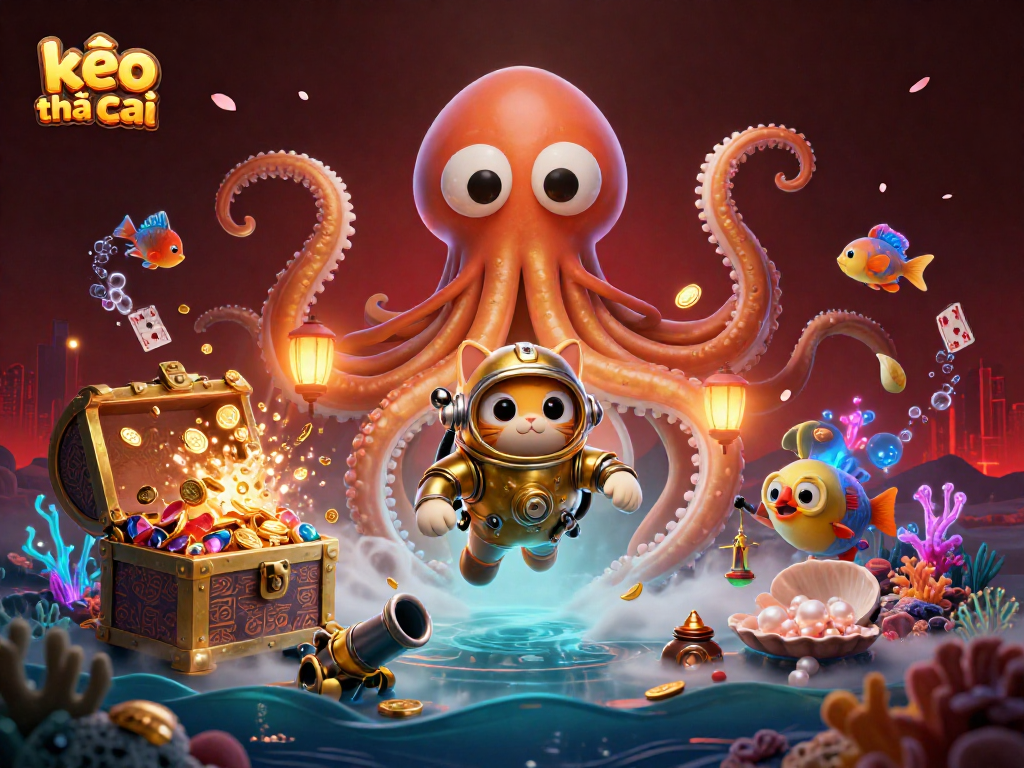 Engage with kèo nhà cái in this vibrant scene featuring a kraken, diving cat, and gaming elements.